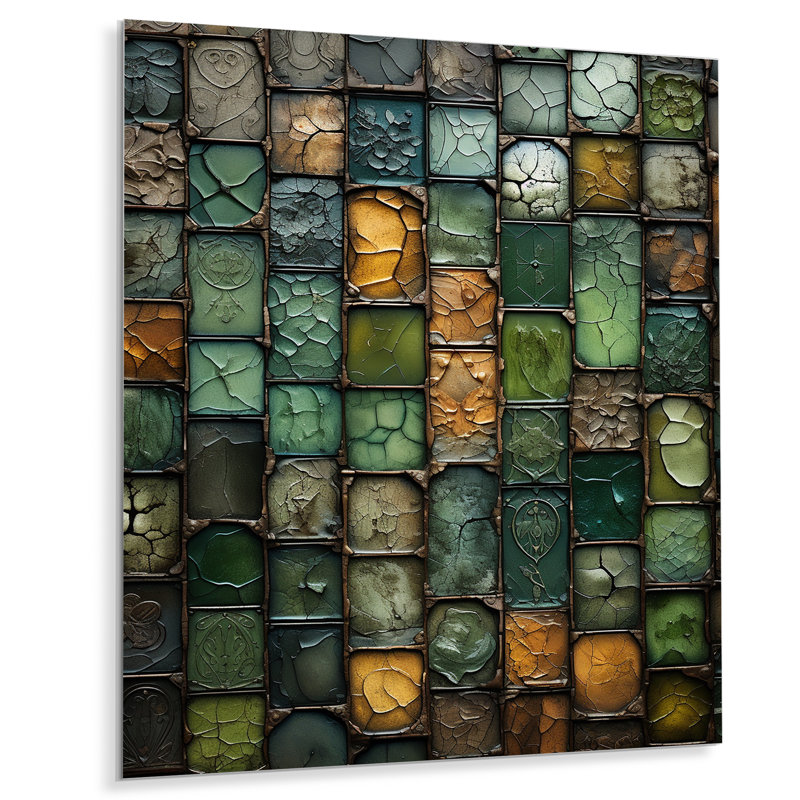 Green Stones Tiles II - tuile abstraite, art mural en métal, H 32 po x l 24 po x P 1 po