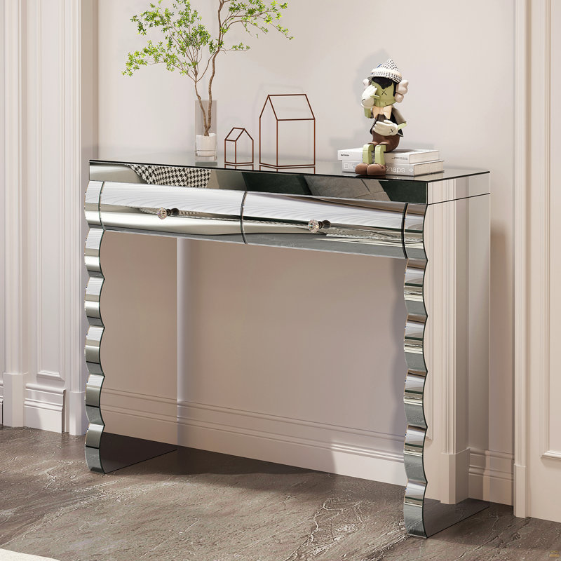 Console à miroir, coiffeuse argentée pour miroir incurvé cuit au four avec 2 tiroirs, table d'appoint décorative en miroir convenant au couloir et au salon, coiffeuse à miroir