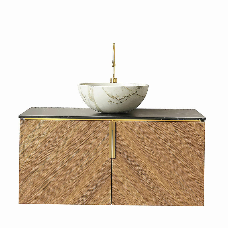 ARAI 36" Bathroom Vanity & Sink, Floating Plywood Bathroom Storage Cabinet with Double Doors, Black Sintered Stone Countertop & White Bowl Ceramic Basin with Stone Pattern, Brown Oak Woodgrain Color