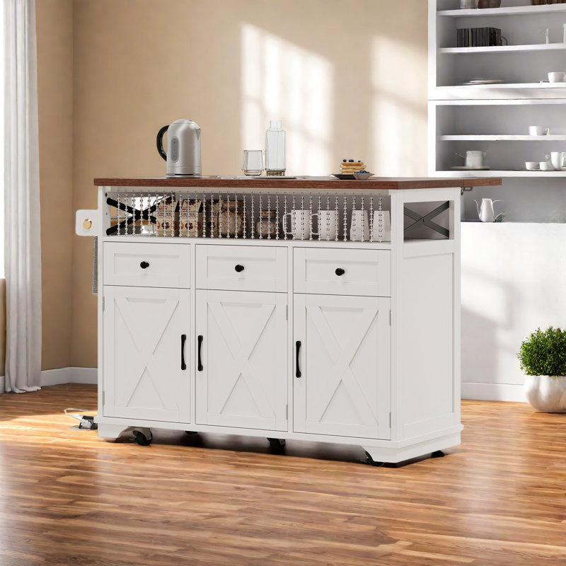 Farmhouse Rolling Kitchen Island With Drape Of Beads, Power Outlet, Drop Leaf, 3 Doors, 3 Drawers And Internal Iron Shelf