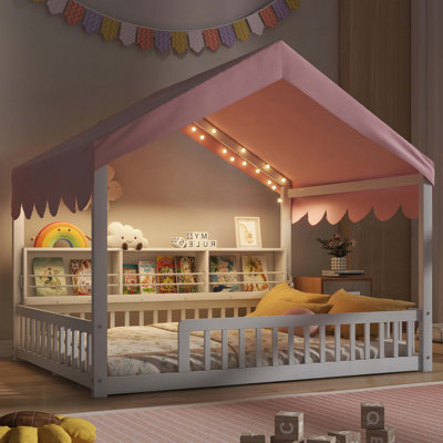 Lit double en bois pleine grandeur, lit de jour en forme de maison avec clôture, étagères de rangement, rideau et lumière DEL