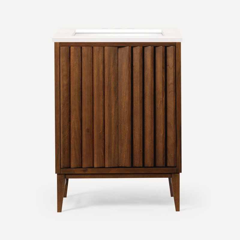 Meuble-lavabo 24 po avec comptoir en pierre de quartz Sinca, Noir lave, Noyer, Trois trous