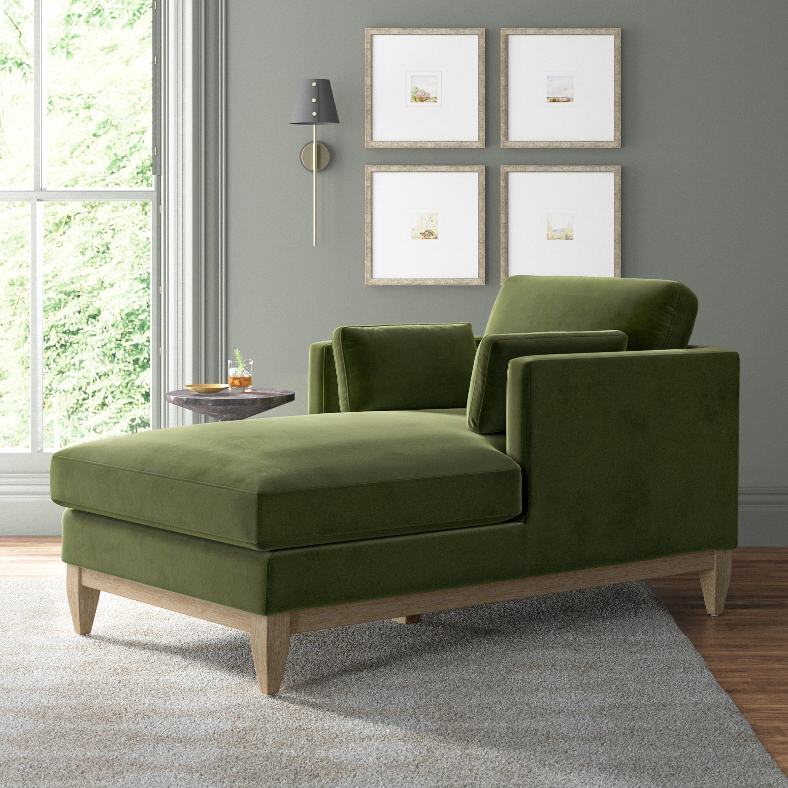 Pera Upholstered Chaise Lounge, Olive Green Velvet