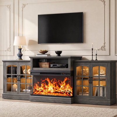 97" Farmhouse Fireplace TV Stand for TVs Up to 100"，Entertainment Center with LED Lighting & Storage Cabinets, Large Media Console Table with 36" 3-Sided Glass Electric Fireplace ,Gray
