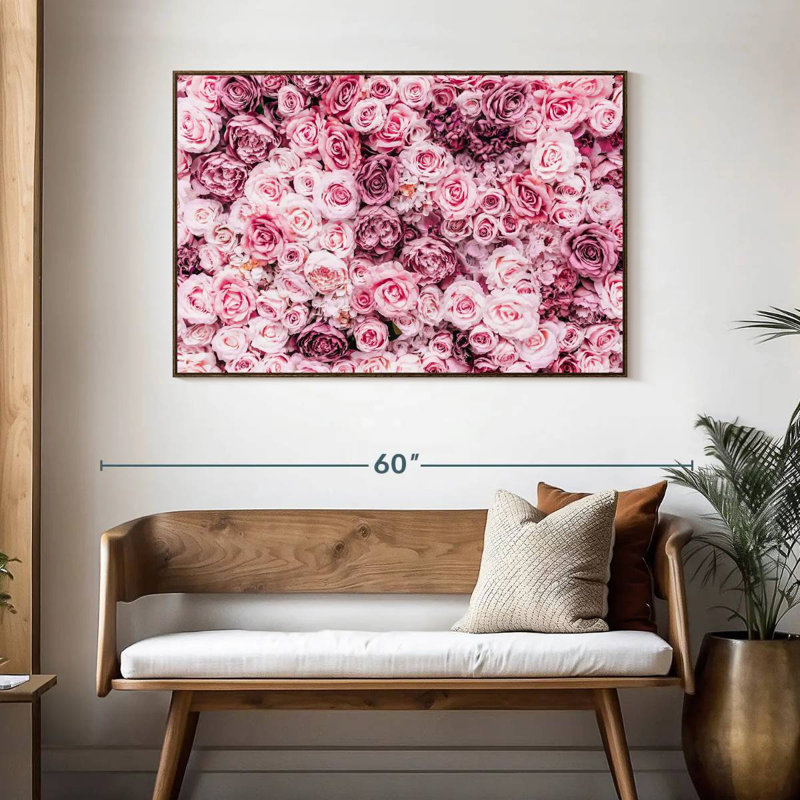 Lit de roses roses, 46 po x 31 po, Cadre flottant en noyer