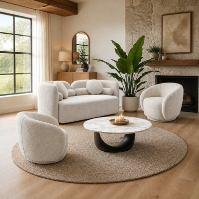 Ensemble de salon 3 pièces avec causeuse Boucle beige clair et 2 chaises demi-tonneau