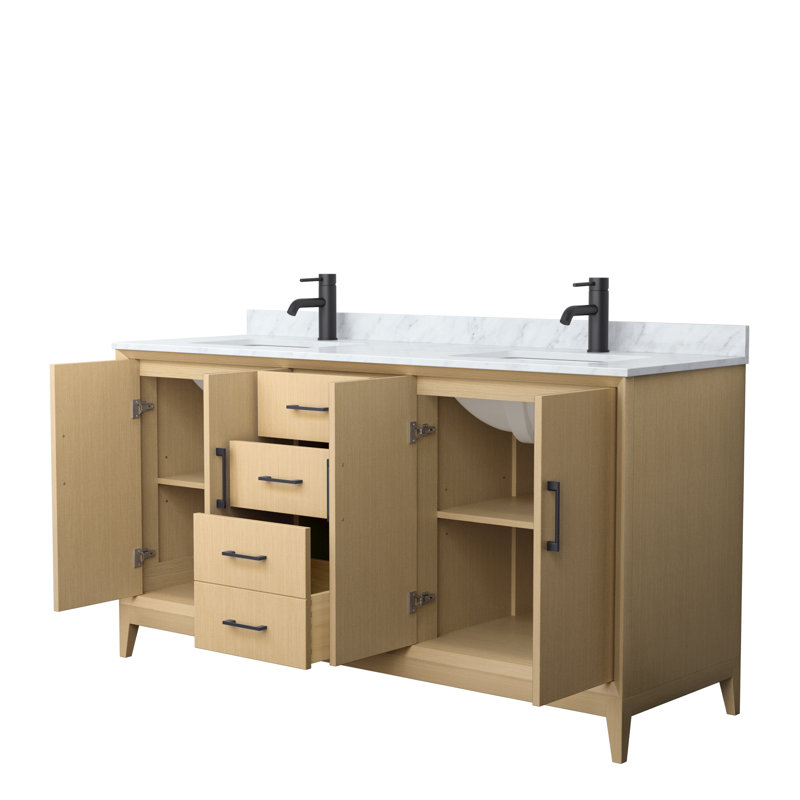 Meuble-lavabo double avec plateau en marbre Janna, Noir mat, 66"