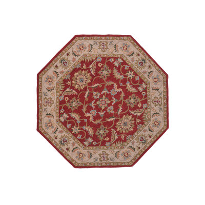 Tapis octogonaux en laine touffetée à la main Hauke | Beige et rouge | Conception orientale | Tapis pour salon, chambre à coucher
