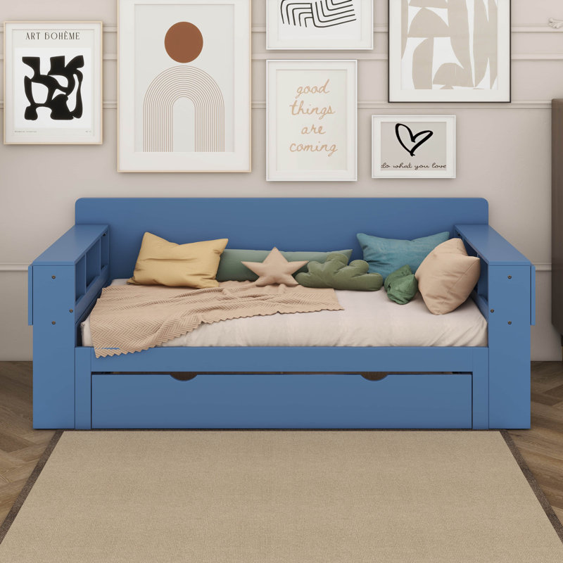Full Size Daybed With Removable Desk, Storage Drawers & Hydraulic Side Table, Wooden Daybed Sofa Bed, 4-In-1 Multifunctional Design