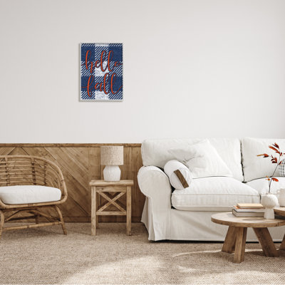 «Hello Fall Greeting Bold Typographie Checker Blue Plaid» par Daphne Polselli - Art textuel