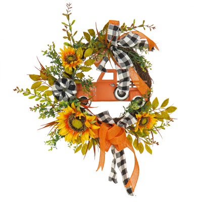 26" Harvest Country Car and Sunflowers Wreath