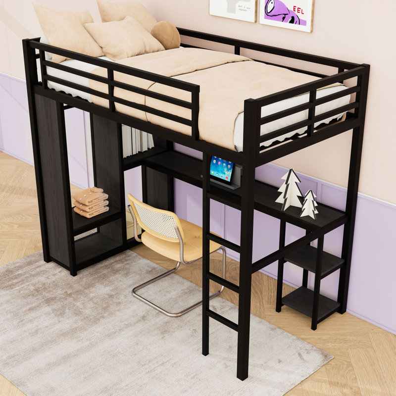 Loft Bed with Built-In Wardrobe, Desk, Storage Shelves and Guardrails, Black, Extra-Long Twin