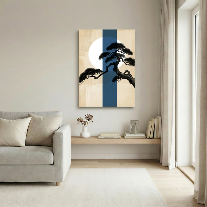 Ensemble de 1 tableau sur toile tendue représentant un pin japonais et la lune, H 18 po x l 12 po
