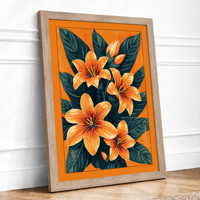 Orange Lilies On Navy Botanical - Print, Oak, A4 - 29.7 x 21.0 cm