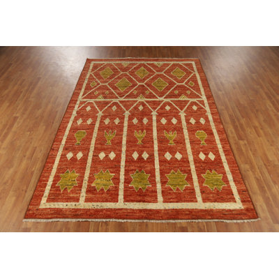Tapis oriental orange fait à la main en laine orange 7 x 10
