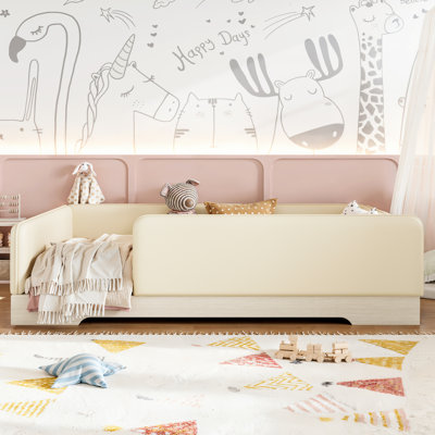 Lit double capitonné pour enfants, structure de lit Montessori en similicuir avec garde-corps amovibles, lit plateforme pour garçons, beige