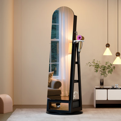360° Swivel  Arched Jewelry Cabinet, Standing and Lockable Jewelry Armoire with Full-Length Mirror