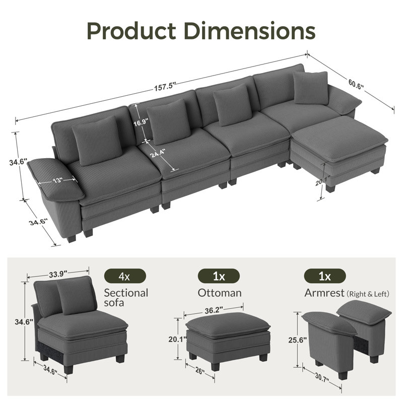 Canapé modulaire de 158 po, canapé en L surdimensionné avec repose-pieds et siège profond à 5 places avec coussin décoratif