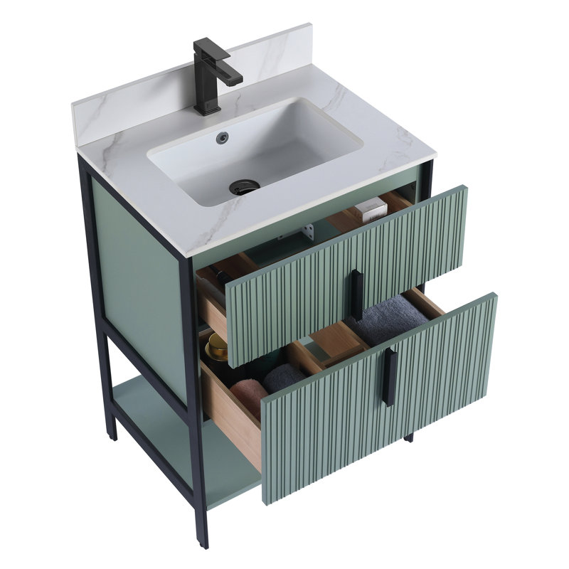 Meuble-lavabo moderne avec plateau en pierre Serenity, Vert menthe / noir, 24", Marbre de Carrare blanc