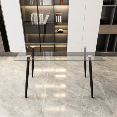 Bureau de salle à manger en verre lisse de 49,88 pouces avec surface trempée et détails en métal noir, pouvant accueillir 4 à 6 pieds pour des projets de groupe, avec des pieds de meubles contemporains, convenant à des personnes dans des environnements différents