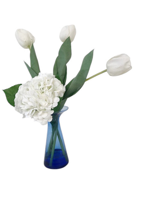 White Tulips, Hydrangeas in Blue Glass Vase