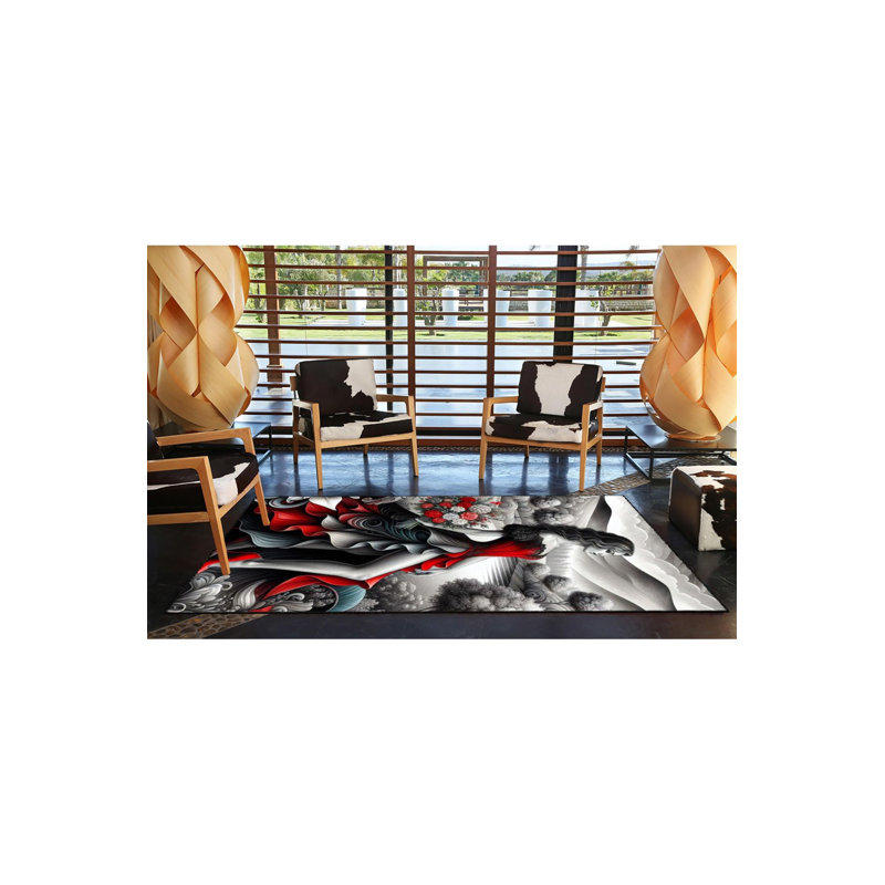 Tapis floral rouge à motif tissé lavable à la machine, Carré 3 pi 3 po
