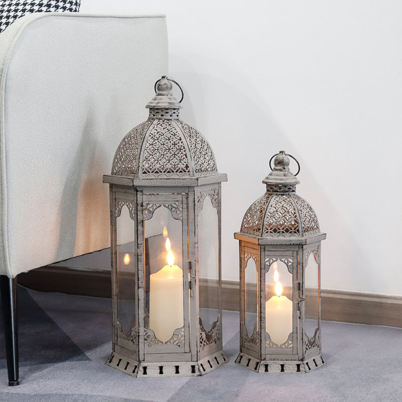 Set of 2 Outdoor Candle Lanterns 22"&17" H Decorative Vintage Metal, Gray