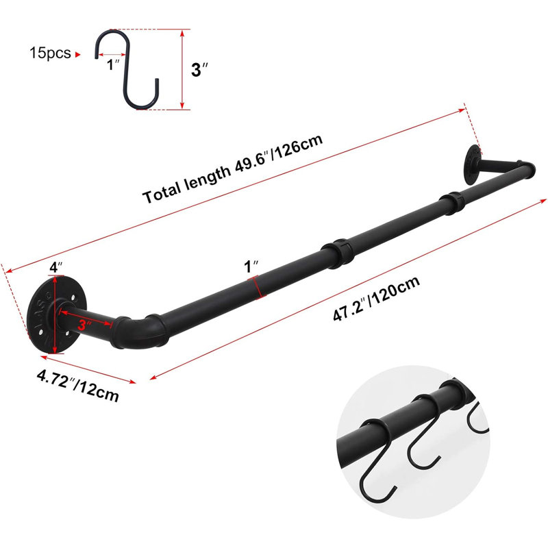 Barre de suspension murale amovible en tuyau noir de 50 pouces pour casseroles et poêles de cuisine