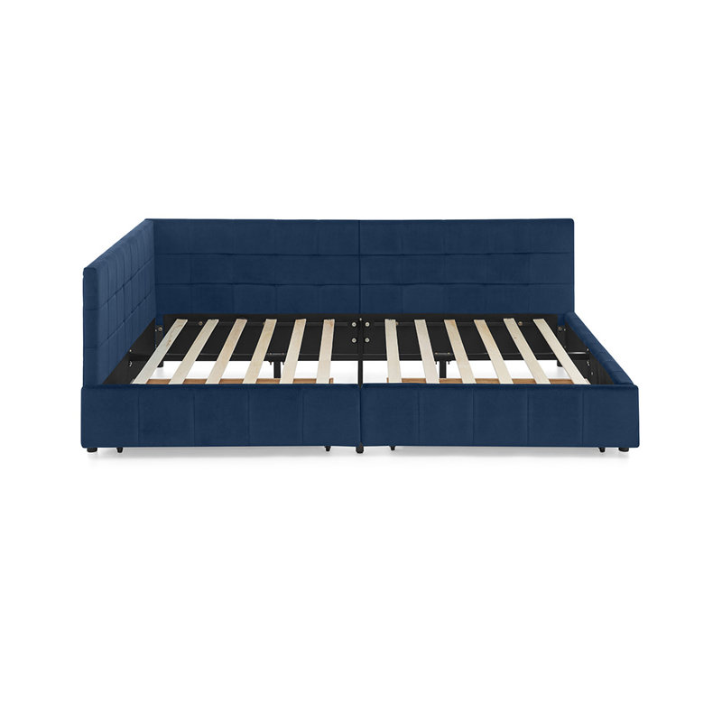 Storage Upholstered Tufted Bed Frame Sofa Bed Frame with Comfortable Backrest and Armrests, Dark Blue