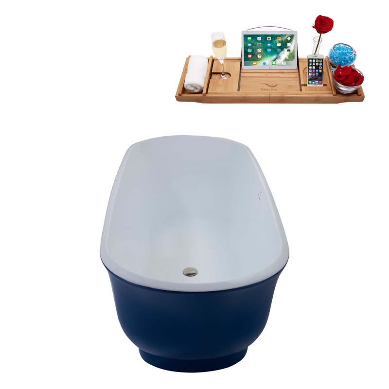Baignoire de trempage autoportante en acrylique 59 "avec drain et plateau en bambou 59" Streamline, Nickel brossé