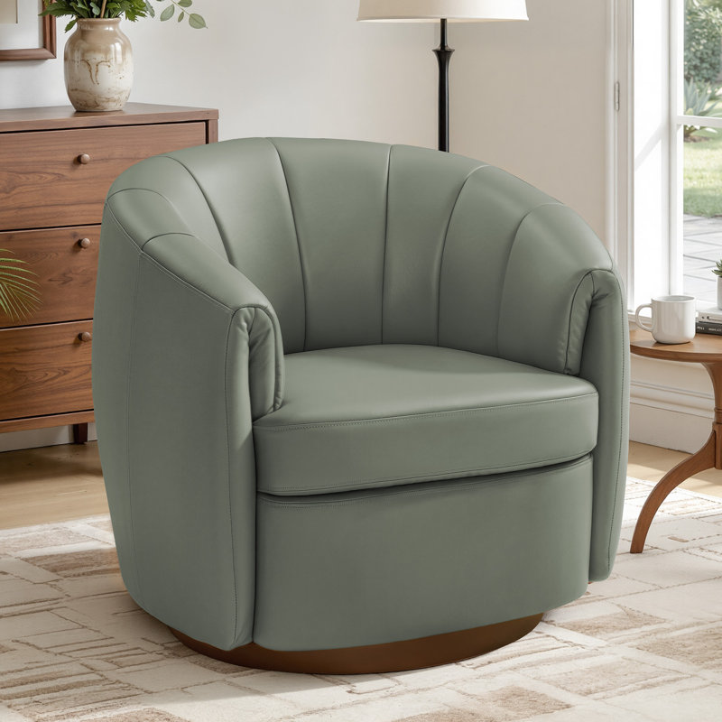 Modern Geniue Leather Swivel Barrel Chair, Grayish Green Top Grain Leather