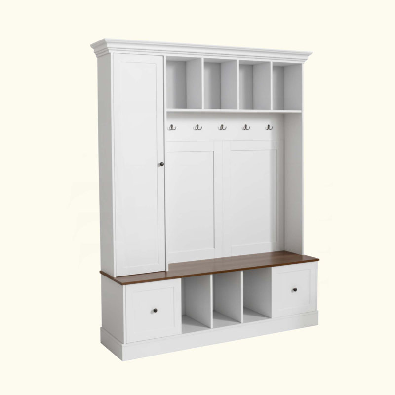 Arbre d'entrée 62,2 po avec banc de rangement pour chaussures, porte-manteau d'entrée avec 5 crochets, armoire réglable avec tiroirs pour le couloir, l'entrée et le salon