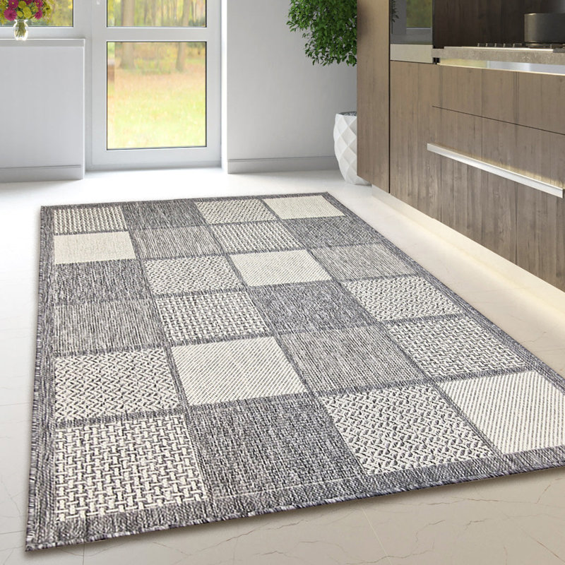 Non Slip Rug Flat Weave Check Kitchen Living Room Carpet, Grey, Rectangle 160 x 225 cm