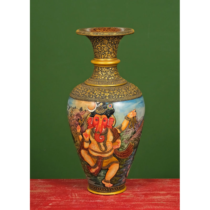 Vase en marbre de 27 po avec impression Ganesha, Lakshmi et Saraswati - motif floral artistique fait à la main, décor luxueux de bon augure pour le salon ou le temple