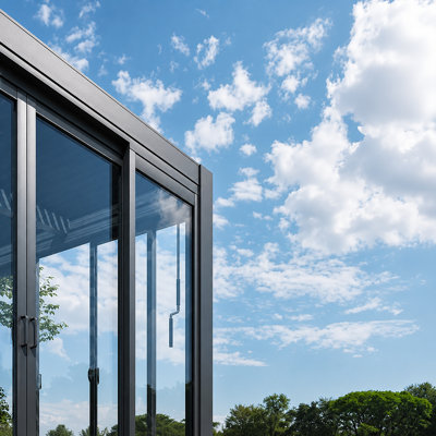 20' x 10' Charcoal Gray Panoramic Glass Pergola with Louvered Roof & Bi-Fold Walls