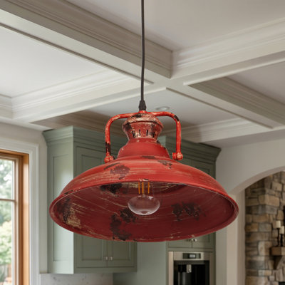 1-Light Industrial Vintage Red Pendant Light Distressed Metal Dome Hanging Lamp For Kitchen Island