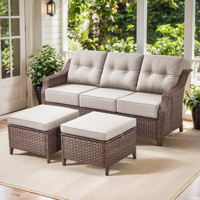Acton 75" Outdoor Wicker Rattan Patio Sofa With Cushions And Ottomans