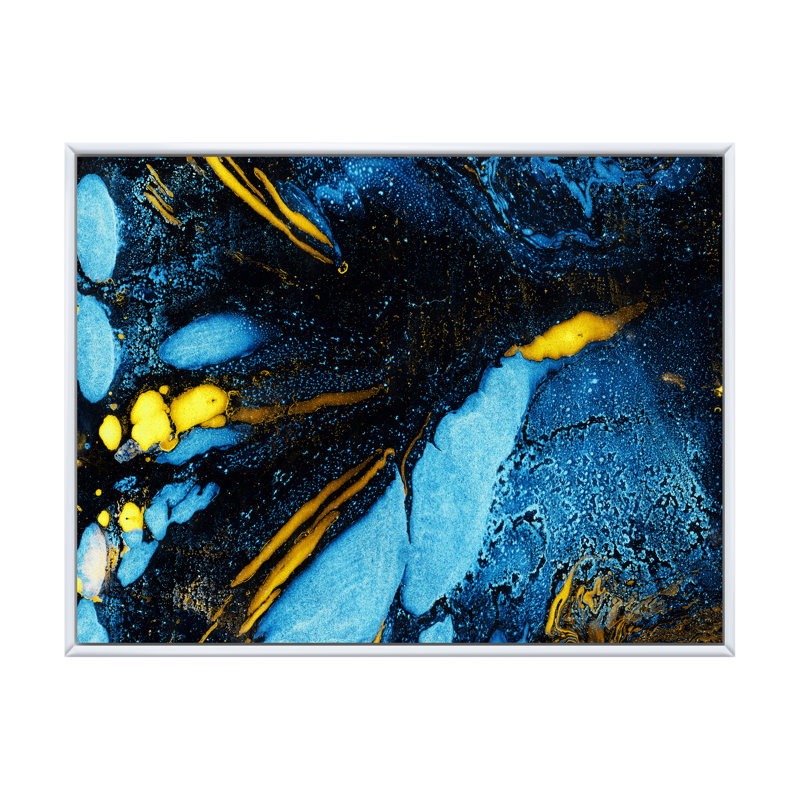 Marbrure jaune et bleu liquide, reproduction d'art sur toile flottante, H 16 po x l 32 po x P 1 po, Cadre flottant blanc