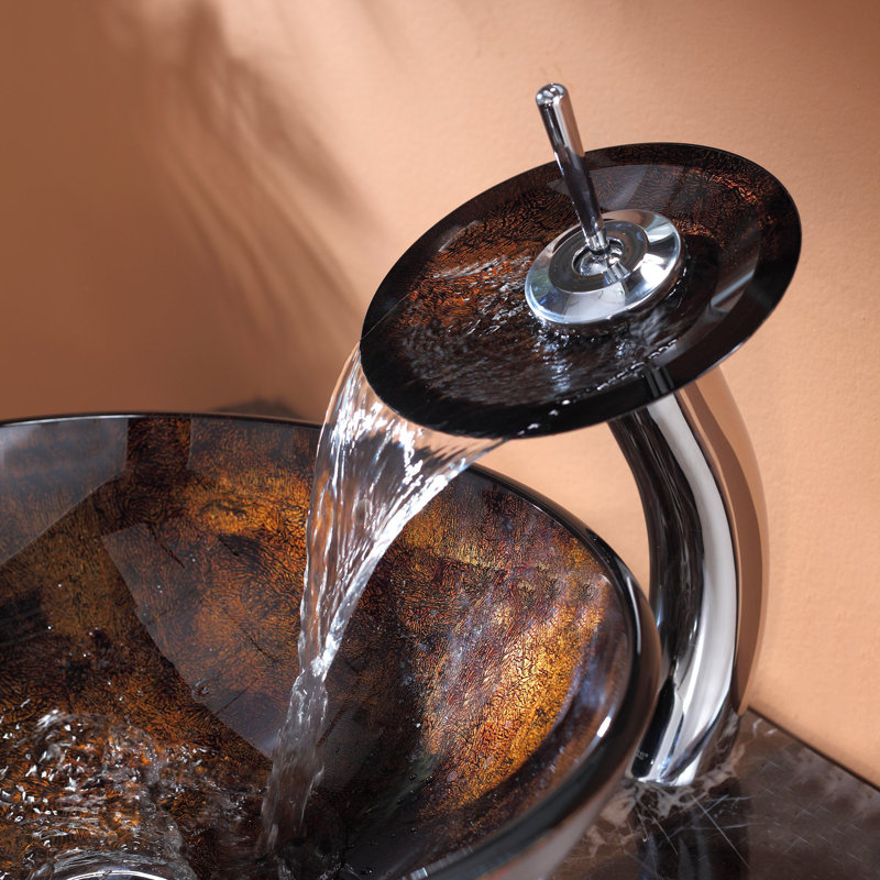 Glass Circular Vessel Bathroom Sink with Faucet, Chrome