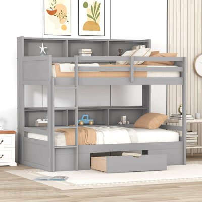 Twin Size Bunk Bed With Built-In Shelves Beside Both Upper And Down Bed And Storage Drawer,Gray