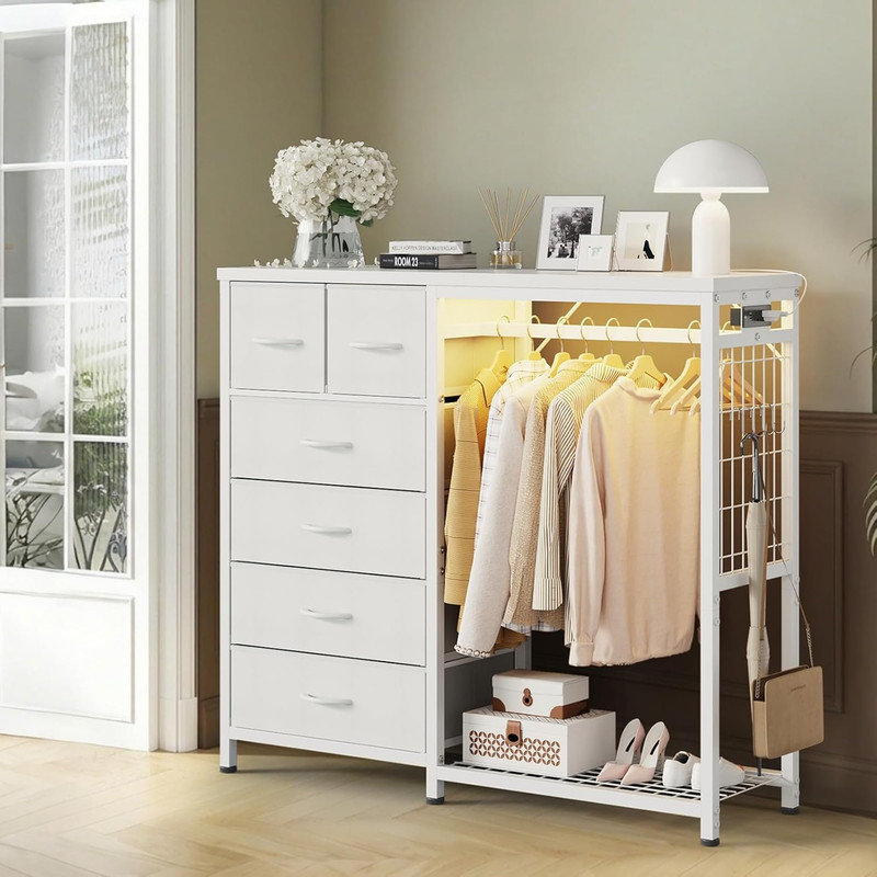 LED Fabric Dresser – 6 Drawers, Hanging Rail & Shelf, Metal Frame Wood Top Wardrobe for Bedroom, White