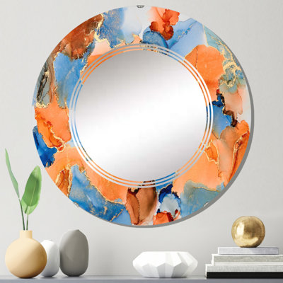 Bleu et brun luxe abstrait fluide Art VII - miroir mural moderne rond