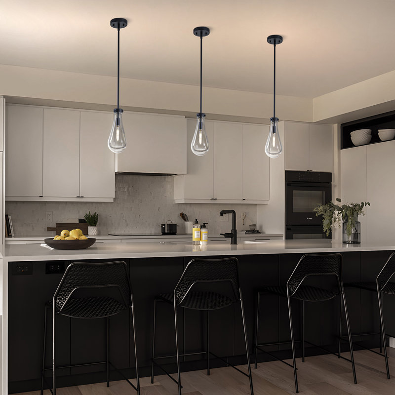 1-light Teardrop Modern Clear Raindrop Glass Pendant, Matte Black