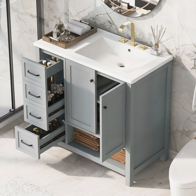 Meuble-lavabo 36 po avec comptoir d'évier, meuble-lavabo avec deux portes et deux tiroirs, Gris