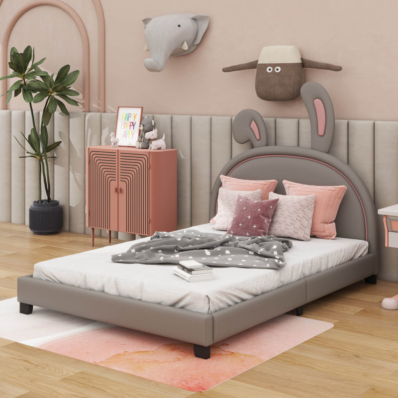 Lit plateforme double en cuir pleine grandeur orné d'un motif de lapin, Gris
