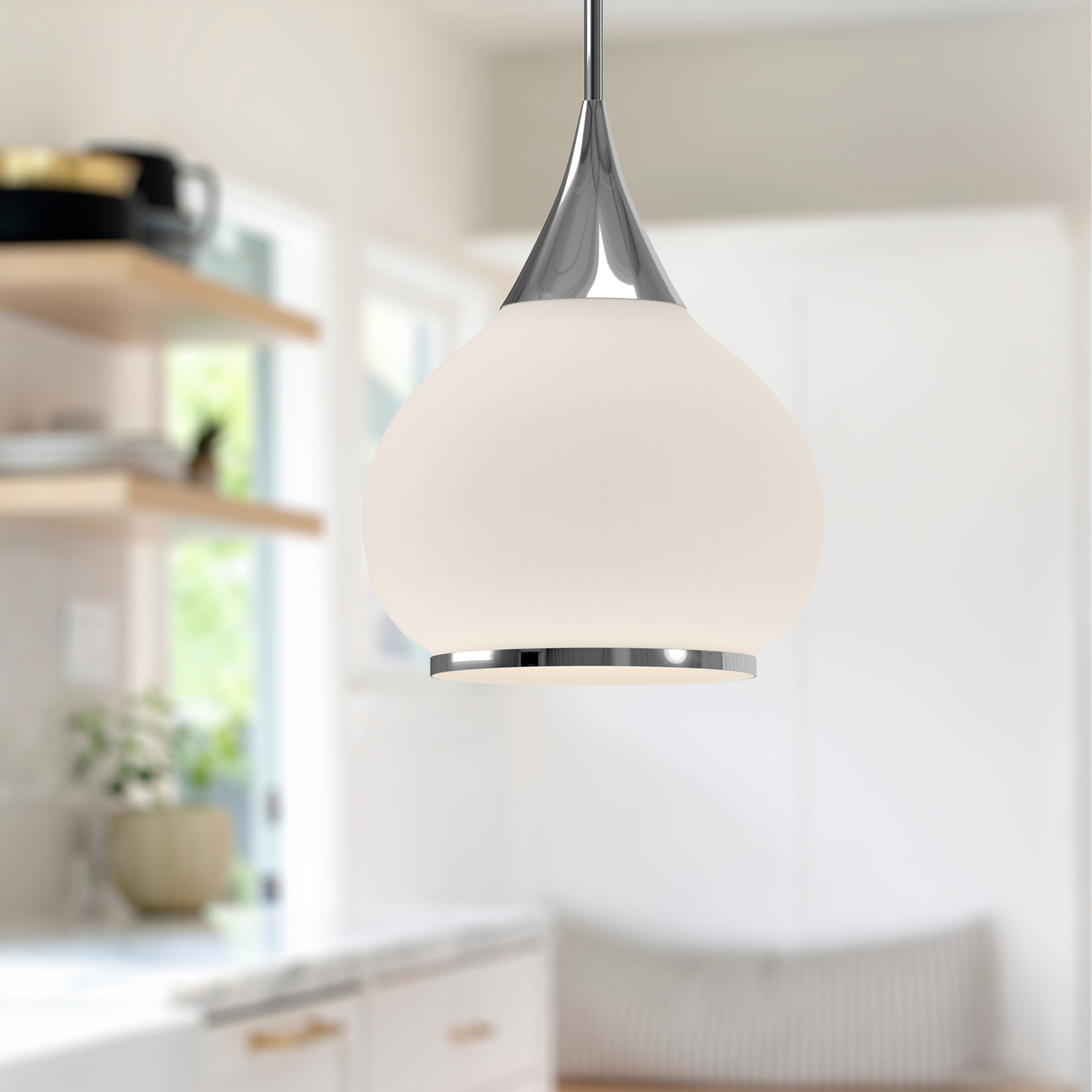 Hazel Single Light Glass Pendant, Chrome, Opal, 68" H x 14" W x 14.13" D