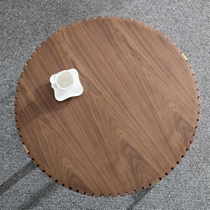 Walnut and Gold 31.5" Round Drum Coffee Table with Stainless Steel Pedestal