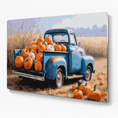 Thanksgiving Vintage truck with pumpkins Beige Metal Wall Art