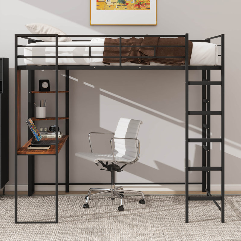 Gatland Kids Loft Bed with 2 Shelves and one Desk, Full, Black/Brown