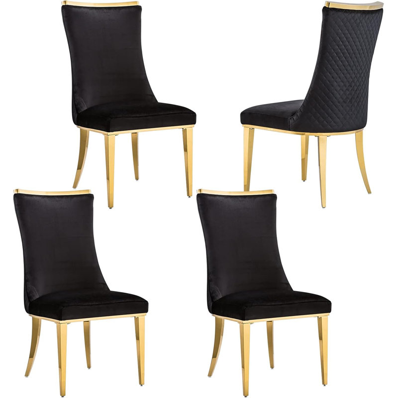 Ensemble de 4 chaises de luxe en velours noir avec pieds en métal doré poli